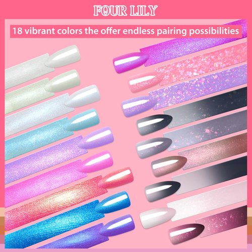 Four Lily 18 Colors Rubber Base Gel Set, Pearlescent Rubber Base Gel Polish for Nails Color Changing Builder Base Nail Gel Brocade 2-in-1 Soak Off Base Gel Nail Strengthener Gifts for Women