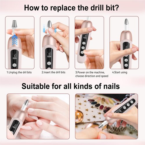 Atopskins Electric Nail Drill Cordless Nail File Professional Manicure Pedicure Kit, 9 in 1 Hand Foot Rechargeable Care Tool, 10 Speeds Electric Nail File Grinder for Thick Toenail Trim Polish Pink