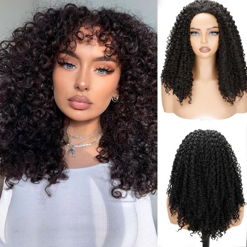 NOSTALGIA Afro Kinky Curly Half Wigs For Black Women 3 In 1 Half Wig Synthetic With Drawstring Afro Curly Glueless Flip Over Wigs Quick Install Beginner Friendly(Naturak Black 2#)