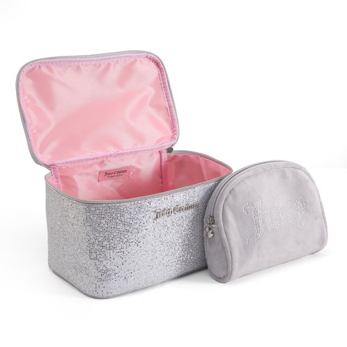 Juicy Couture Silver Makeup Bag Cosmetics Organizer Travel Essentials Train Case Coin Purse Glitter Rhinestone Velour