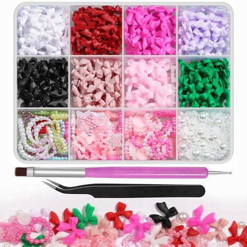 650+ Pcs 3D Nail Art Charms Kit with Flatback Pearls - 8 Colors Bow Charms, Star Moon Heart Jewels & 3-6mm Mixed Size Pearls for Professional Manicure Designs, Includes Dual-End Brush and Tweezers