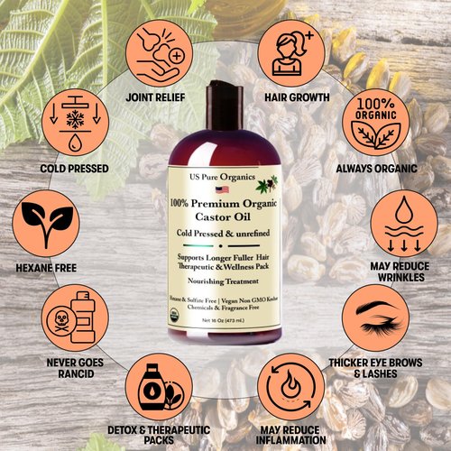 Premium Organic Castor Oil Cold Pressed Unrefined For Skin Scalp Hair Growth Eyelashes & Eyebrows, Therapeutic & Detox. Hexane & Chemicals Free 16Oz