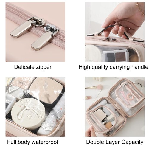 Veki TSA Approved Toiletry Bag Transparent Makeup Bag Double Travel Cosmetic bags Case Waterproof Toiletries Bag Medium Capacity Open Storage bag Organizer for Women and Girls (Medium Pink)
