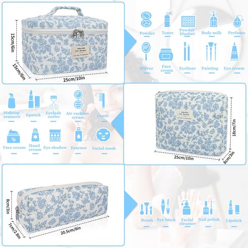 Gosect 3pc Makeup Bag Set, Quilted Makeup Bag Set, Large Floral Cosmetic Bag for Women, Cute Cotton Makeup Bags, Flower Travel Toiletry Organizer Bag (Checkered)