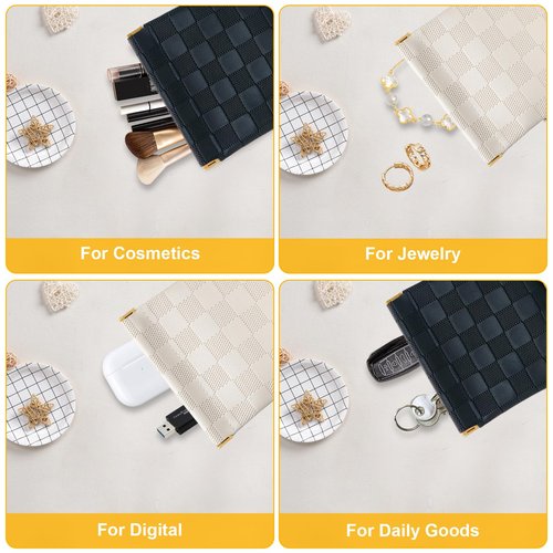 2 PCS Small Makeup Bag for Women, Small Pouches for Purse,Mini Checkered Cosmetic Bag Waterproof Pouch for Travel Storage bag, for Cosmetics Headphones Jewelry Cosmetic Lipstick Coins (Black, Beige)