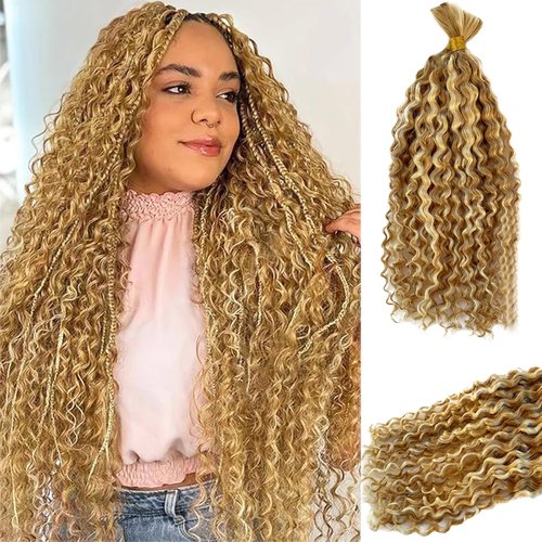 Honey Blonde Highlight Human Braiding Hair for Boho Braids Water Wave Bulk Human Hair for Braiding Ombre Color No Weft 2 Bundles 100G Wet And Wavy Twist Hair Braiding 16 Inch