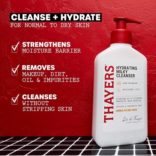 Thayers Milky Face Cleanser 8 FL Oz + Thayers Milky Toner 12 FL Oz with Snow Mushroom and Hyaluronic Acid, Dermatologist Recommended Hydrating Skincare for Dry and Sensitive Skin Bundle