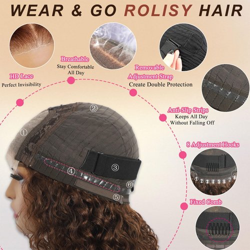 Bob Wig Human Hair Glueless Wigs Human Hair Pre Plucked Pre Cut 4# Brown Human Hair Wear and Go Glueless Wig Water Wave Lace Front Wigs for Black Women 14Inch
