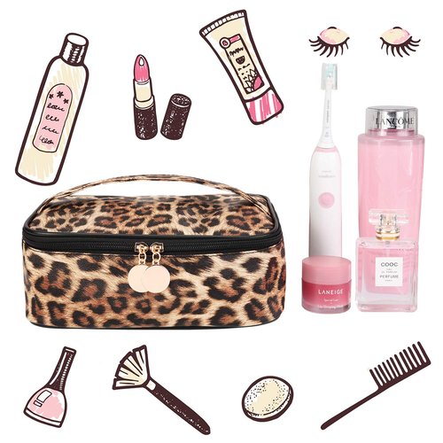 Boao 3 Pcs Leopard Print Cosmetic Bag Set Cheetah Toiletry Travel Makeup Organizer Portable Waterproof Makeup Pouch with Zipper for Women Brush Case Multifunction Purse Handbag