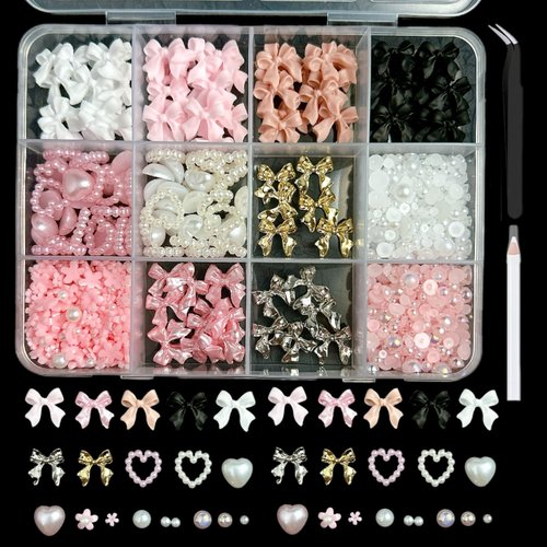 Gold Bow Nail Charms Kit, Cute Pink Flowers Bows 3D Nail Charms for Nails Decoration, White Flatback Pearls Heart Nail Art Jewels for Women Manicure DIY Crafts Accessories