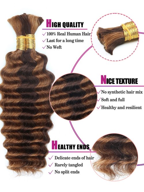 4/30 Bronze Gold Human Braiding Hair Deep Wave Bulk，Highlight No Weft Curly Braiding Hair Extensions for Boho Braids Wet and Wavy Braiding Human Hair Bundles(16inch,4/30,100g)