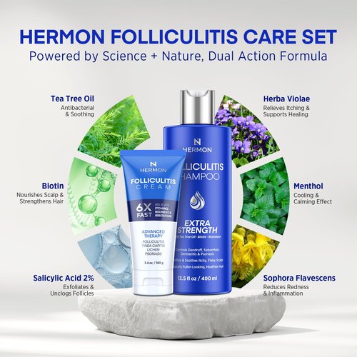 Hermon Folliculitis Treatment Kit – Shampoo & Cream Combo for Scalp, Body & Intimate Areas – Soothes Itch, Clears Acne Bumps, Fights Fungal Infections & Razor Bumps – For Men & Women