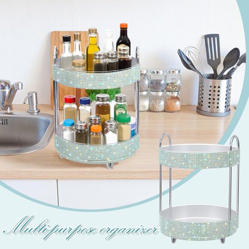 Honeydak 360 Rotating Perfume Organizer Rhinestone Bathroom Counter Organizer Makeup Holder with 2 Tiers Skincare and Perfume Storage, Large Capacity Vanity Storage for Cosmetic Countertop Decor