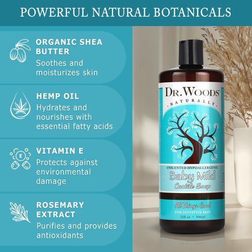 Dr. Woods Unscented Baby Mild Liquid Castile Soap - Natural Soap for Sensitive Skin, Gentle Cleanser with Hemp Oil and Vitamin E - Paraben, Sulfate, and Phthalate Free - 32 Fl Oz (Pack of 2)