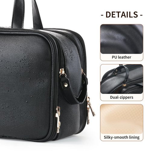 AKOIIN Large Travel Toiletry Bag with Makeup Brush Holder, 25 Pockets, Double Reinforced Handles & Luggage Sleeve, Waterproof PU Leather Cosmetic Organizer (Black)