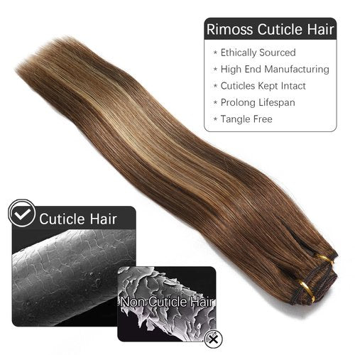 Rimoss Clip in Hair Extensions Real Human Hair - 14 Inch 7pcs, Ombre Chocolate Brown to Caramel Blonde Balayage Color - Soft Human Hair Clip in Extensions Straight for Women