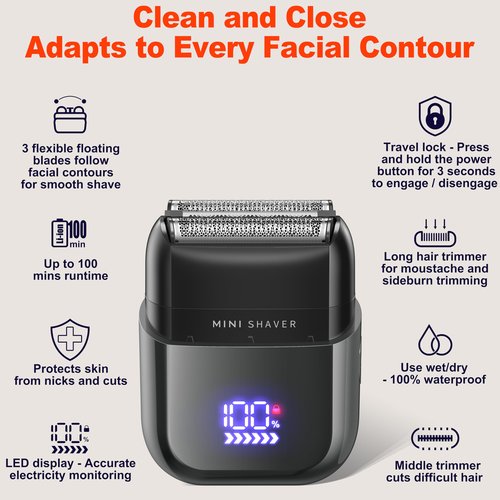 Telfun Mini Electric Foil Shavers for Men, Portable Men's Travel Facial Hair Groomer, USB-C Electric Beard Shaver with Full Body Waterproof & Big LED Display, Close Face Shaver for Head, Beard, & Neck
