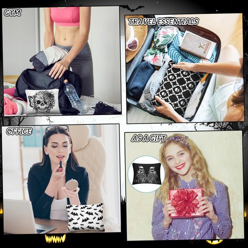 Kajaia 12 Pcs Gothic Skeleton Makeup Bags Cute Portable Travel Purse Toiletry Pocket Make up Organizer Storage Zipper Pouch Makeup Brush Cosmetic Bags for Women Adult Aesthetic Stuff