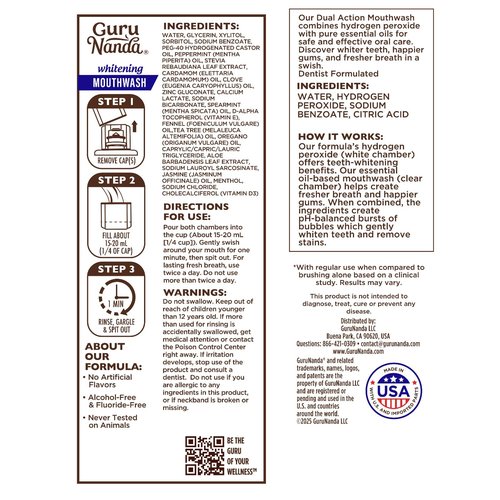 GuruNanda Teeth Whitening Dual Barrel Oxyburst Mouthwash - Alcohol & Fluoride Free, Hydrogen Peroxide to Promote Whiter Teeth - Wild Mint - 3x20 Fl Oz