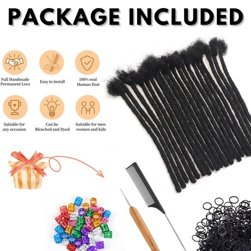 Dreadlock Extensions Human Hair 16 Inch 10 Strands 0.6 cm Width Loc Extensions 100% Real Human Hair Dreadlock Extensions Can Be Dyed Bleached Loc Extension for Men and Women (10 Strands Natual Black)