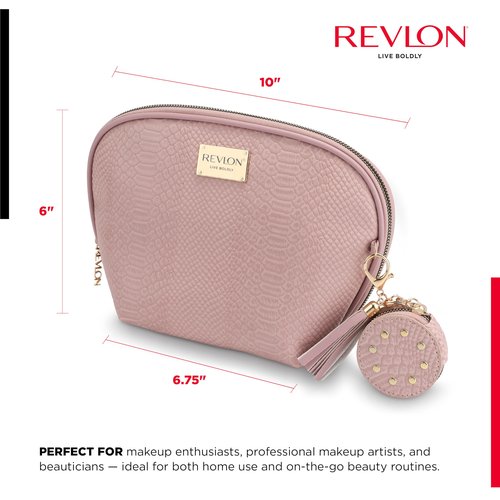 REVLON Croc Embossed Makeup Pouch, Small Makeup Pouch, Travel Makeup Organizer with Tassel & Mirror Keychain, Cosmetic Bag, Mini Makeup Case with Pockets, Gifts for Women, Ladies, or Teen Girls, Rose