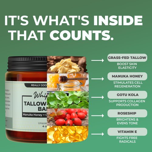Whipped Tallow Balm with Manuka Honey – 4 oz | Collagen-Boosting Body Butter | 100% Organic Beef Tallow Moisturizer with Gotu Kola and Rosehip | Face, Body, and Skin Cream | Made in USA (Unscented)