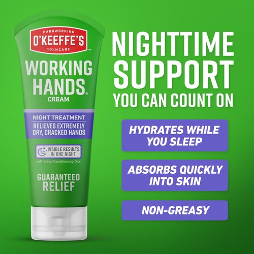 O'Keeffe's Working Hands Night Treatment Hand Cream for Extreme Dryness - 3 oz Tube (2 Pack) - Repairing Skincare for Cracked, Dry Hands