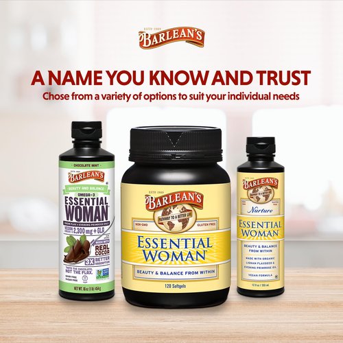 Barlean's Essential Woman Liquid Supplement for Women, Organic Flaxseed and Evening Primrose Oil for Healthy Hair, Nails and Skin, Omega 3 6 9 and GLA, 12 oz
