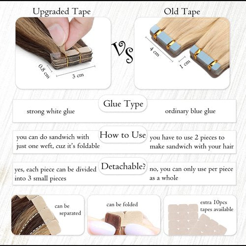 Benehair Tape in Hair Extensions Human Hair Balayage Ash Blonde Highlighted Bleach Blonde 20pcs 40g/pack Straight Hair Extensions Seamless Skin Weft Tape in Natural Hair (14", 18P613)