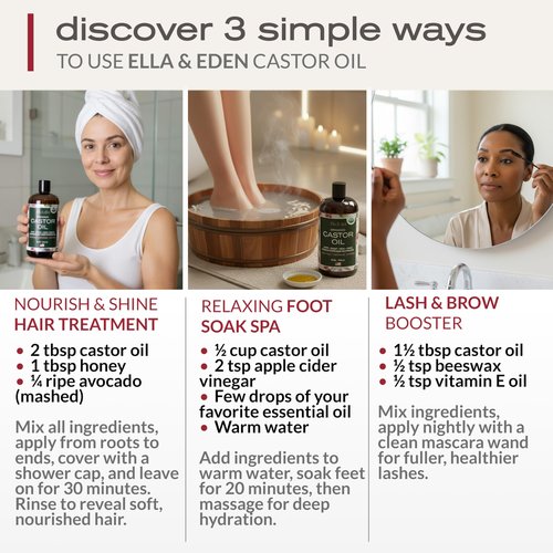 Ella & Eden Organic Castor Oil – Cold-Pressed Hexane-Free Unrefined - For Hair Growth, Skin and Face - USDA Certified & 100% Pure - 32 fl oz