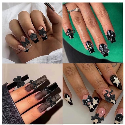 450pcs Black 3D Multi Shapes Pearl Nail Charms, COOSLIM Flatback Pearls Heart Bowknot Nail Charms Mix Styles Star Bow for Nail ArtDecoration
