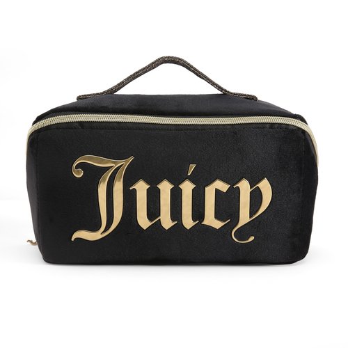 Juicy Couture Black Makeup Bag Cosmetics Organizer Travel Essentials Diagonal Loaf Velour Large Logo
