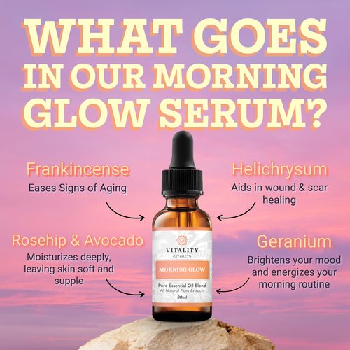 Vitality Extracts Morning Glow - Daily Moisturizing Serum, Avocado Oil, Tone, Rosehip, Vegan, Supple Skin, Radiant, All Skin Types, Hydrates & Nourishes