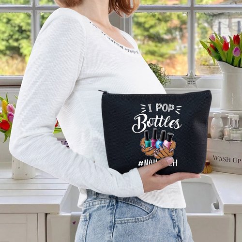 LEVLO Nail Technician Cosmetic Bag Manicurist Nail Tech Gift I Pop Bottles Nail Tech Make up Zipper Pouch Bag Nail Artist Gift (I Pop Bottles Black)