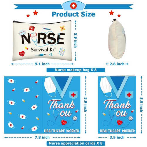 Nurses Week Accessories, 16 PCS Nurse Makeup Bag Thank You Nurse Card, Nursing Day Appreciation Cards Nurse Week Carvas Cosmetic Bag Survival Kit with Zipper Funny Thank You Cards Nurse Supplies