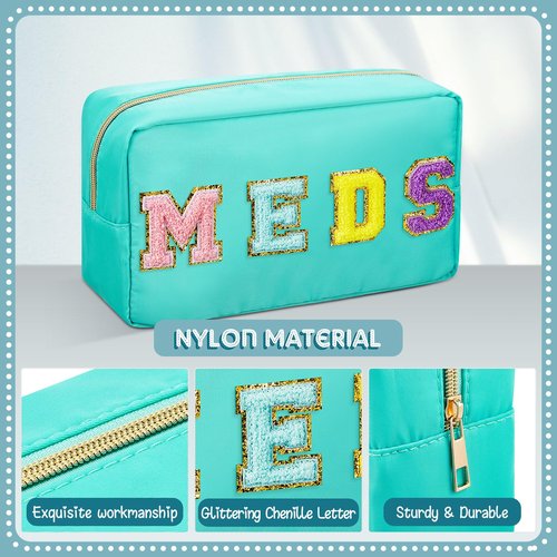 Geetery Chenille Letter Bag Nylon Makeup Bag Portable Bag Makeup Cases Preppy Patch Makeup Bag with Zipper Cosmetic Toiletry Storage Bag for Women(Green,Hidden MEDS)