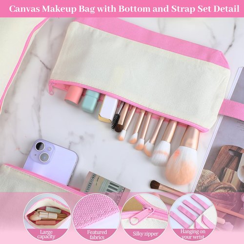 Silkfly 15 Pcs Cotton Canvas Makeup Bags Canvas Cosmetic Zipper 10.2 x 5.5 x 2 Inches Blank DIY Pouch Bag Bulk with Bottom Pencil Case Travel Toiletry Pouch for Women (Beige and Pink)