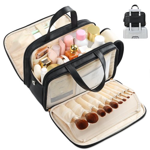 AKOIIN Large Travel Toiletry Bag with Makeup Brush Holder, 25 Pockets, Double Reinforced Handles & Luggage Sleeve, Waterproof PU Leather Cosmetic Organizer (Black)