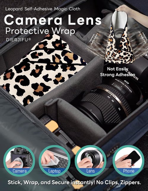 DIERJIFU Self-Adhesive Magic Cloth Leopard Makeup Bag & Camera Lens Protective Wrap | Reusable Portable Cosmetic Pouch | Scratch-Resistant Travel Organizer, Gifts for Women Girls(19.7"x19.7")