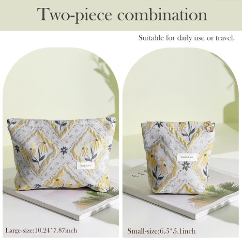 PLOPONOM 2 Pcs Makeup Bags,Large Capacity Travel Cosmetic Bag for Women,Sage Green Flower Relief Small Cosmetic Organizer,Portable Toiletry Pouch Purse with Zipper