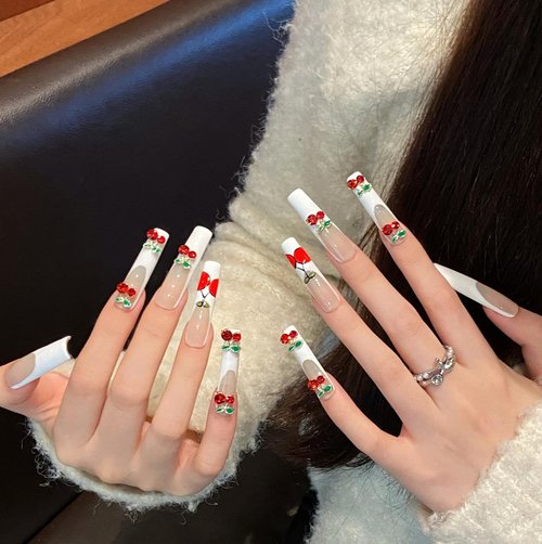 MNAFAYY 100% Handmade Nails Cherry Extra Long 3D Gems French Press On Nails White Full Cover Luxury Gorgeous Reusable UV Finished Fake False Nails Acrylic Nail Kit With Box Gifts Women Mother's Day M