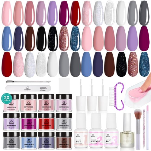 Beetles Dip Powder Nail Kit Starter, 20 Colors Nude Pink Blue Glitter Dipping Powder Set with Base Top Coat Activator for Nail Art Manicure Modern Muse Collection