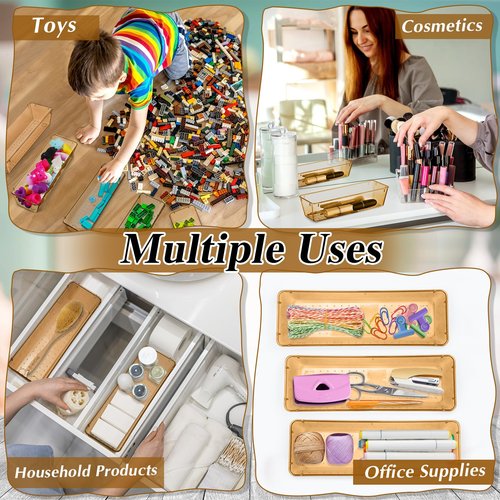 Maitys 12 Pcs Vanity Drawer Organizer 9 x 3 x 2 Inches Clear Plastic Utensil Organizers Kitchen Drawers Dividers for Office Desk Silverware Kitchen Utensils Cosmetics and Bathrooms(Champagne)