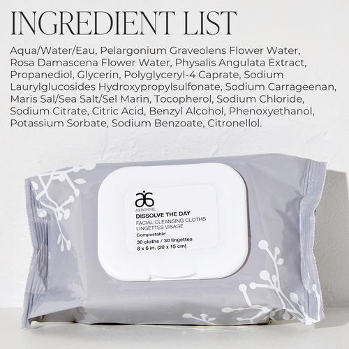 Arbonne Makeup Remover Wipes - Dissolve the Day Facial Cleansing Makeup Wipes for Women, Gentle Cleansing Towelette for Face, Removes Dirt and Sweat