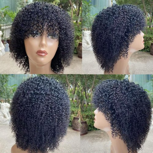 PECWU Afro Kinky Curly Wig Human Hair with Bangs Jerry Curly Human Hair Wig Burmese Curly Afro Kinky-Curly Human Hair Glueless Wear and Go for Black Women 12“