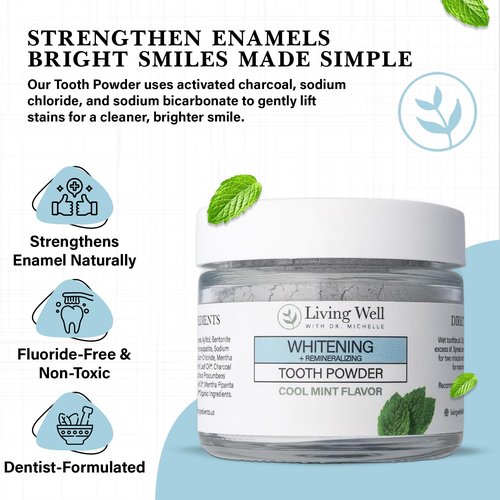 Living Well with Dr. Michelle Remineralizing & Whitening Tooth Powder Cool Mint | Fluoride-Free Hydroxyapatite Formula | Supports Enamel Strength and Natural Whitening