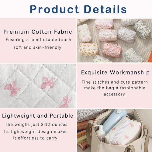Cute Small Makeup Bag,Quilted Floral Cotton Cosmetic Pencil Pouch, Quilted Flowers Pencil Case with Zipper, Kawaii Travel Toiletry Bags for Purse(13White Bear)