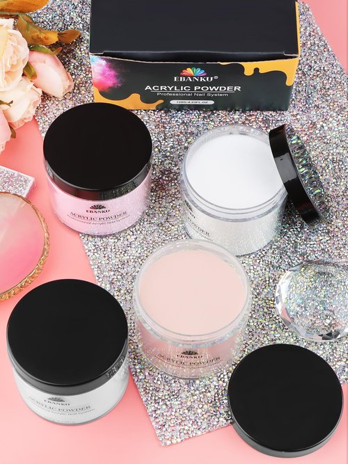 EBANKU Acrylic Powder Set 4 Colors Acrylic Nail Powder Nude Pink White Clear Acrylic Powder for Acrylic Nail Extension Nail Carving, Long-Lasting, No Nail Lamp Needed, Large Capacity 4.23oz*4