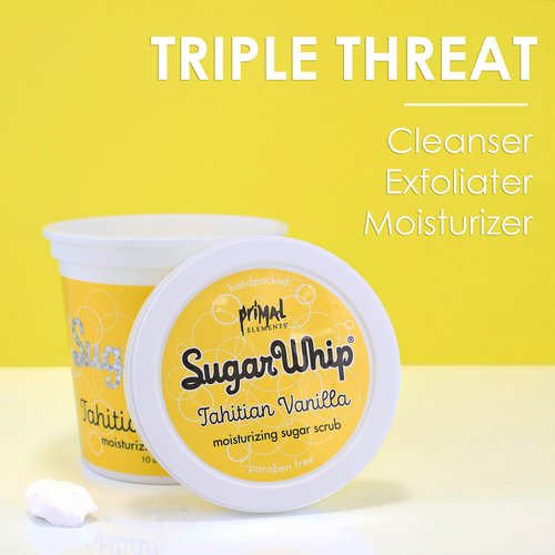 Primal Elements Sugar Scrub, Exfoliating Sugar Whip, Face and Body Cleanser, Moisturizer, Tahitian Vanilla, 10 oz Package