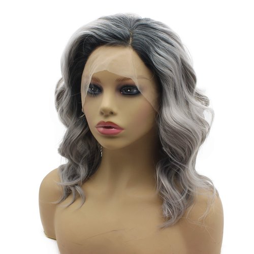 iwonawig Iewig Shoulder Length Wavy Dark Root Ombre Grey Lace Front Synthetic Party Wig